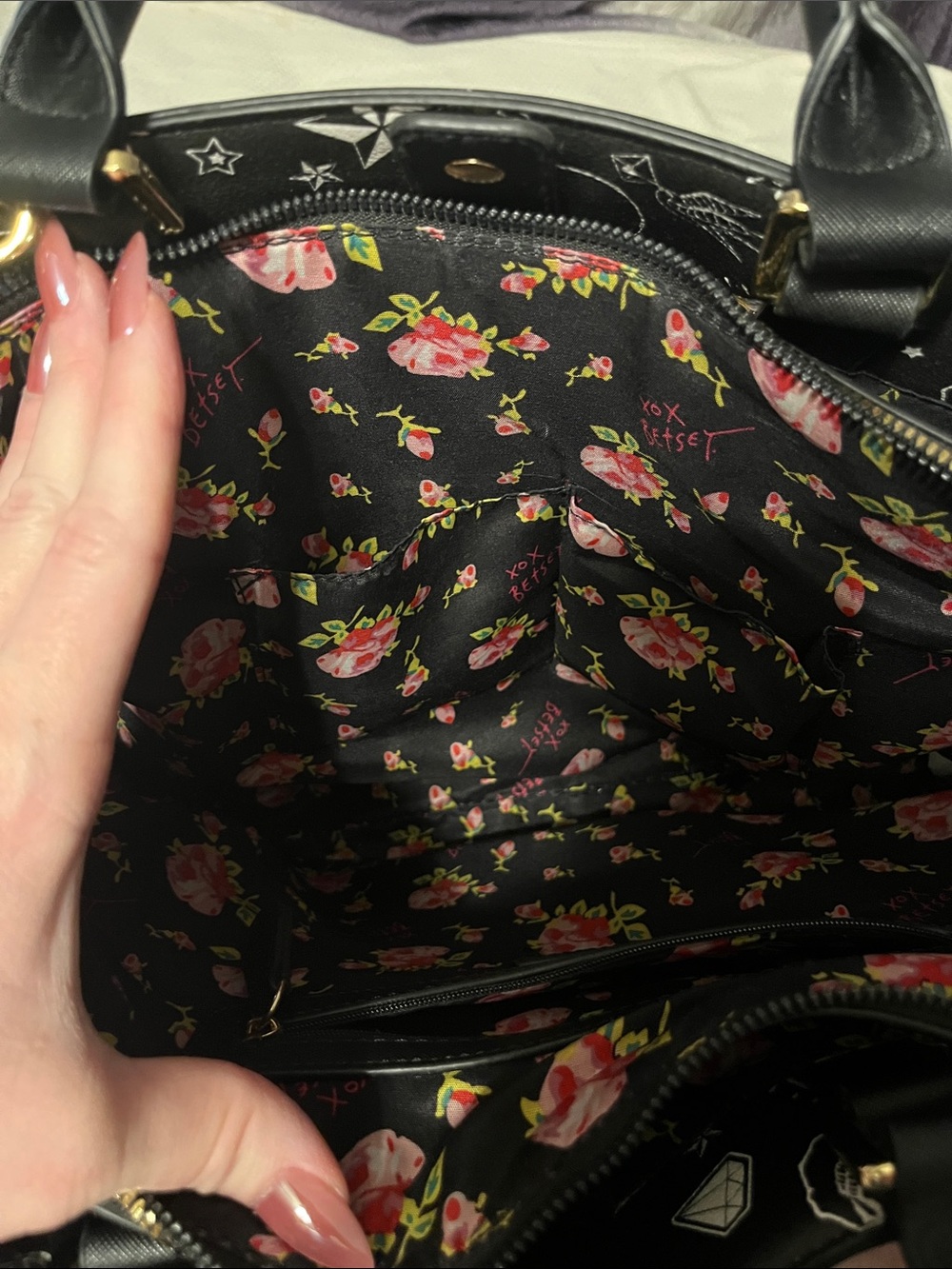 Betsey Johnson Black Satchel with Embossed Skull Pattern - Picture 2 of 5